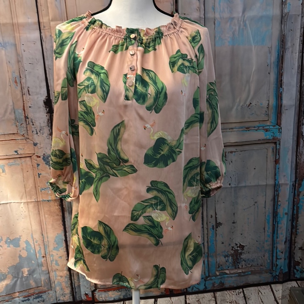 Pink flamingo - tropical - botanical women’s M on or off the shoulder blouse